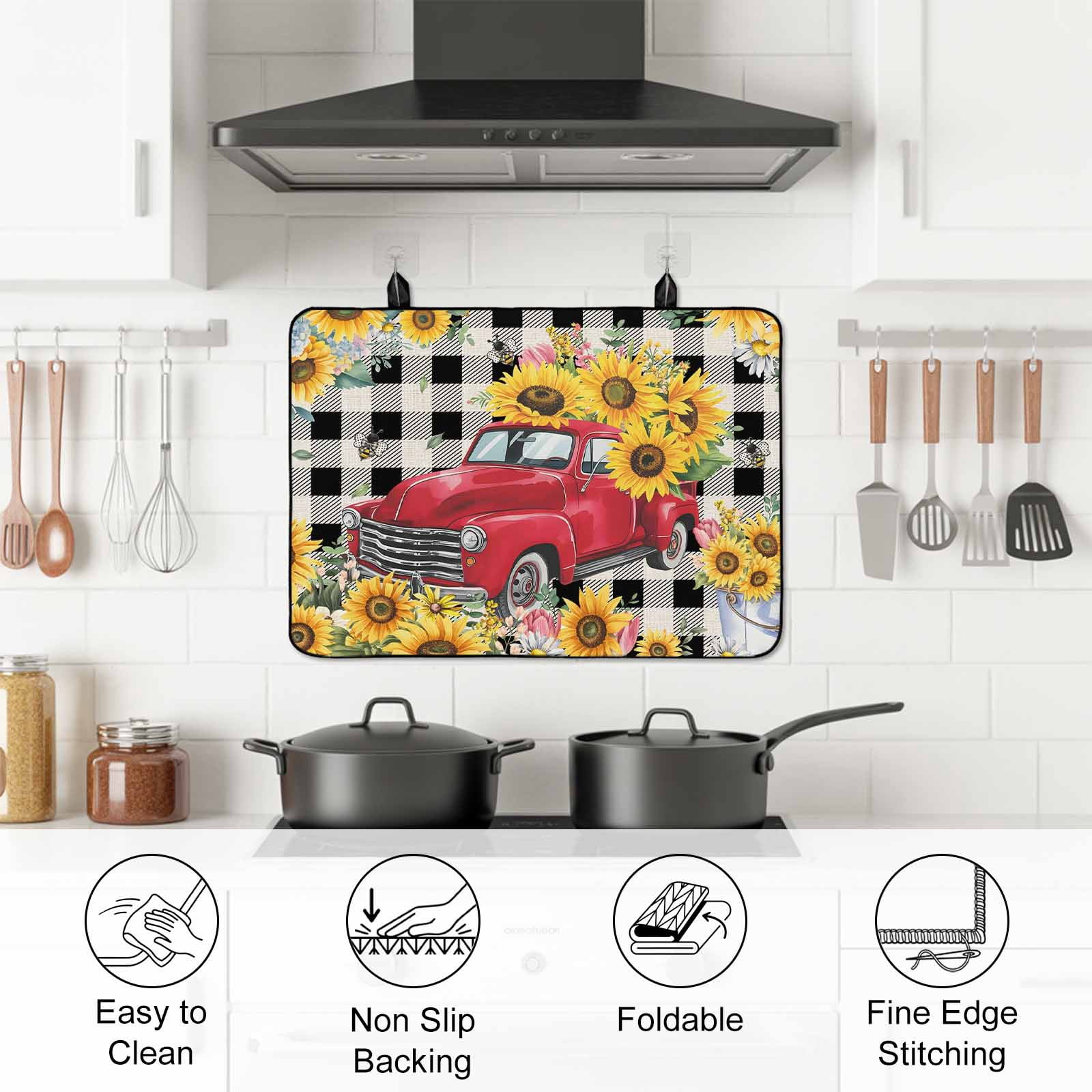 Spring Sunflowers Stove Top Cover for Electric Stove, Heat-proof & Non Slip Glass Top Stove Cover Protector, Car Farm Plaid Country Retro Art Kitchen Flat Cooktop Rubber Mat 31x24 Inches