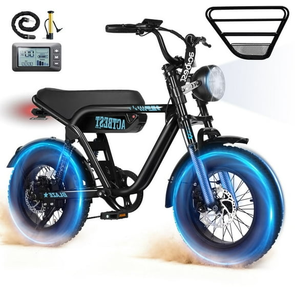 Blaze 16" Electric Bike for Adults/Teens, Peak 1200W 55 Miles 25Mph Full Suspension Fat Tire Electric Motorcycle,Black & Blue with Lock & Basket