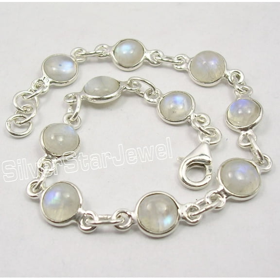 SilverStarJewel .925 Sterling Silver Unseen Rainbow Moonstone 10 Gemset Bracelet 8 1/8"