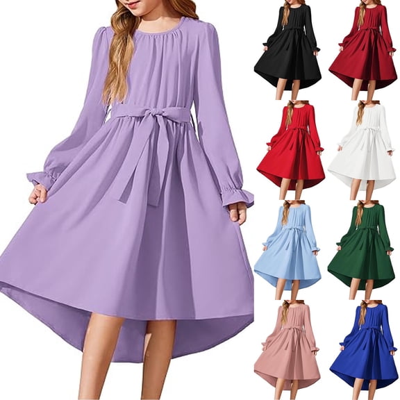 SBYOJLPB Children's Solid Color Dress Fashionable and Comfortable Long Sleeved Round-Neck Dress with Belt for Girls