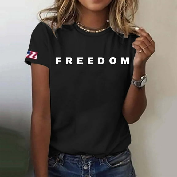 Letter Graphic T Shirts for Women Freedom Short Sleeve Tee Tops Black XL