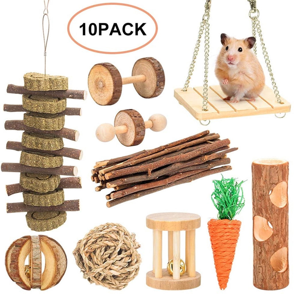 BQBQERT 10Pcs Hamster Chew Set Natural Wooden Chinchillas Accessories Dumbbells Exercise Roller Teeth Care