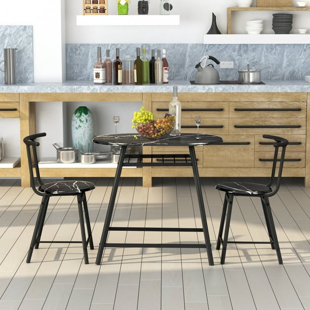 3 Piece Wooden Round Table Chairs Set Compact Size Breakfast Nook Space Saving Compact Size Breakfast Nook Table Set, Breakfast Nook Round Table Size