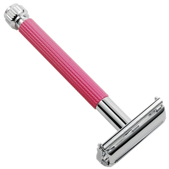 PARKER 29L PINK WOMEN'S LONG HANDLE BUTTERFLY OPEN SAFETY RAZOR & 5 BLADES