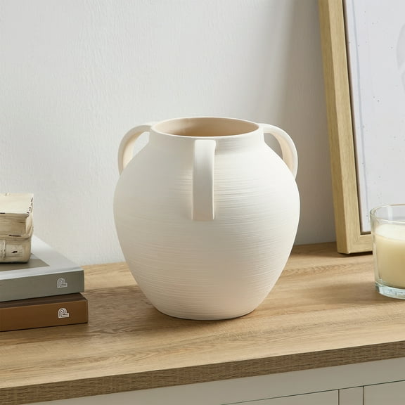 Home Decor Collection Matte Textured Ceramic Stoneware Vase with Handles, 8'', White