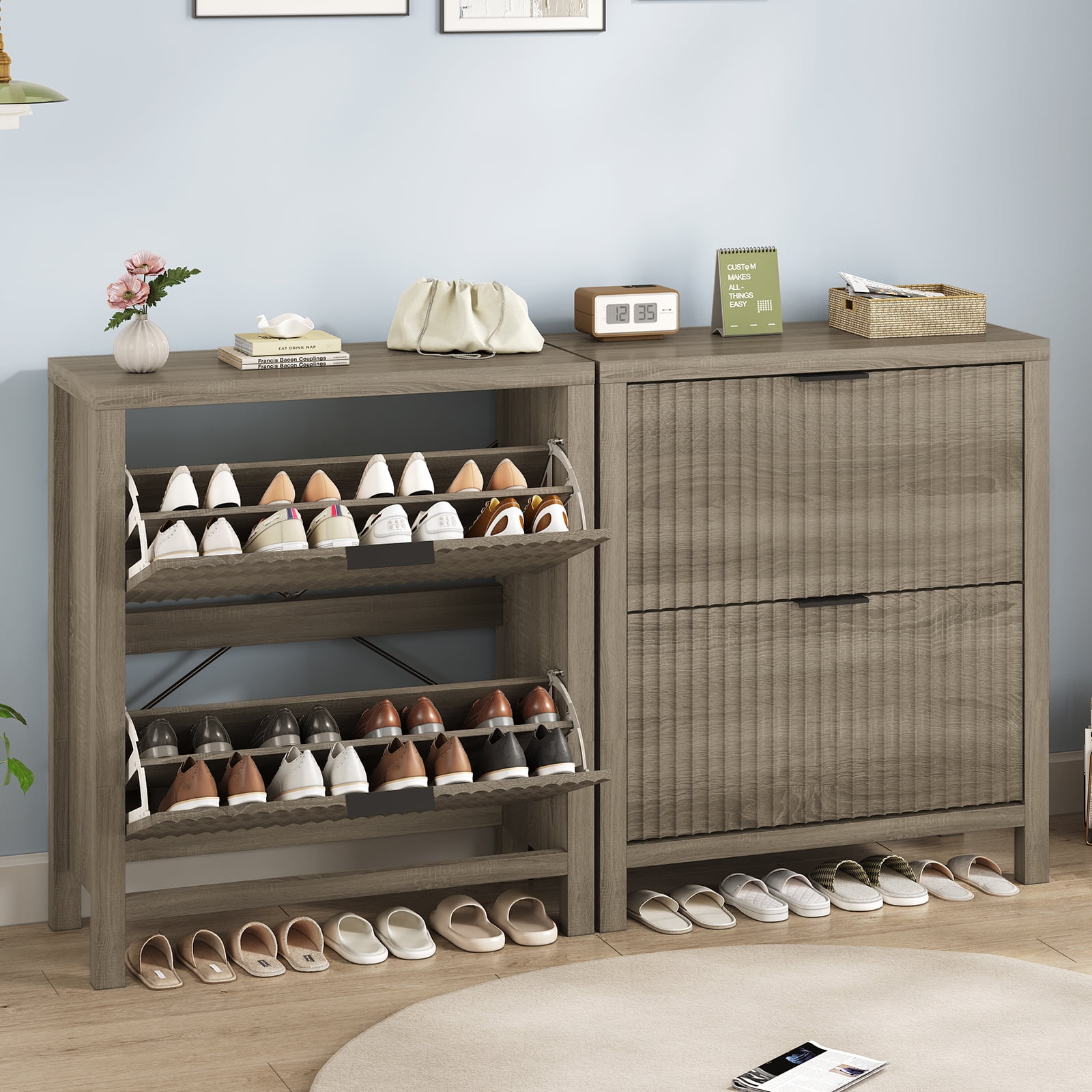 Shoe Cabinet Storage for Entryway, Fluted Shoe Cabinet with 2 Flip Drawers, Hidden Shoe Rack Tall Freestanding Shoe Organizer with Legs for Hallway, Gray