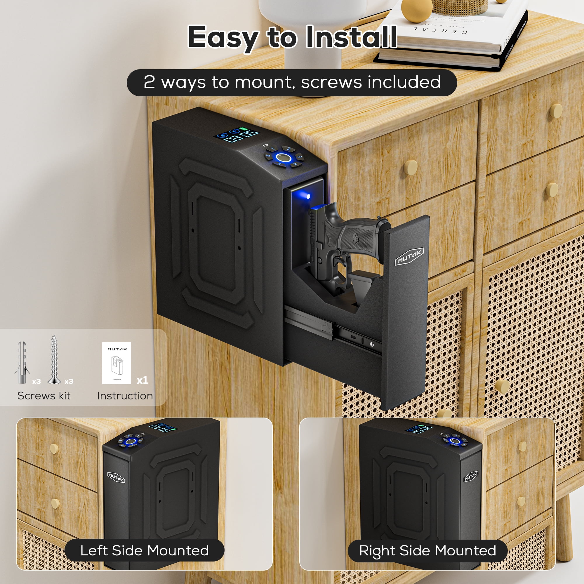 MUTAK Biometric Gun Safe for Handgun with LCD Screen for Nightstand, Desk, Bed Side,Truck - Auto Sliding Door Hand Gun Safe for Pistol with APP/Fingerprint/PIN Code/KEY