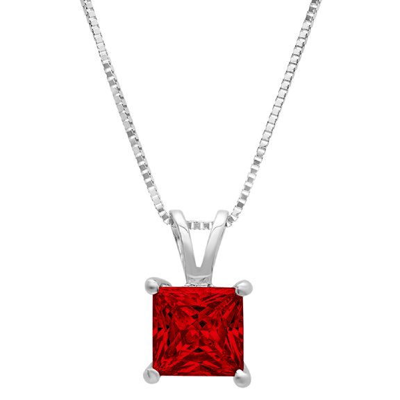 0.5 ct Brilliant Princess Cut Solitaire Natural Garnet 18K White Gold Pendant with 18" Chain