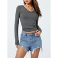 thumbnail image 3 of Diconna Women's Spring Autumn Crop Tops Solid Color Long Sleeve V Neck Short Slim T-shirt, 3 of 9