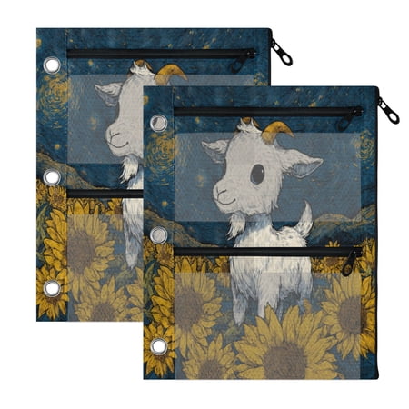 Wobogo Cute Gogoat 3 Ring Binder Pencil Pouch 2 Pack Zipper Binder Pencil Case with Clear Window for Classroom Office Supplies