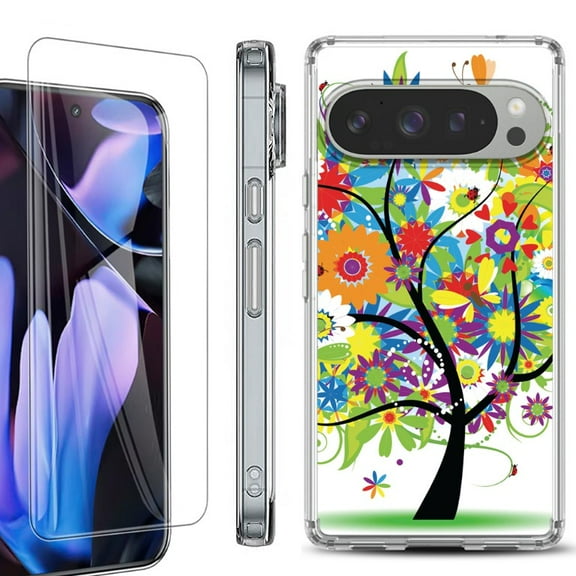For Google Pixel 9 Pro XL Phone Case Cover, Shockproof Bumper Case with Tempered Glass Screen Protector, by OneToughShield - Colorful Tree