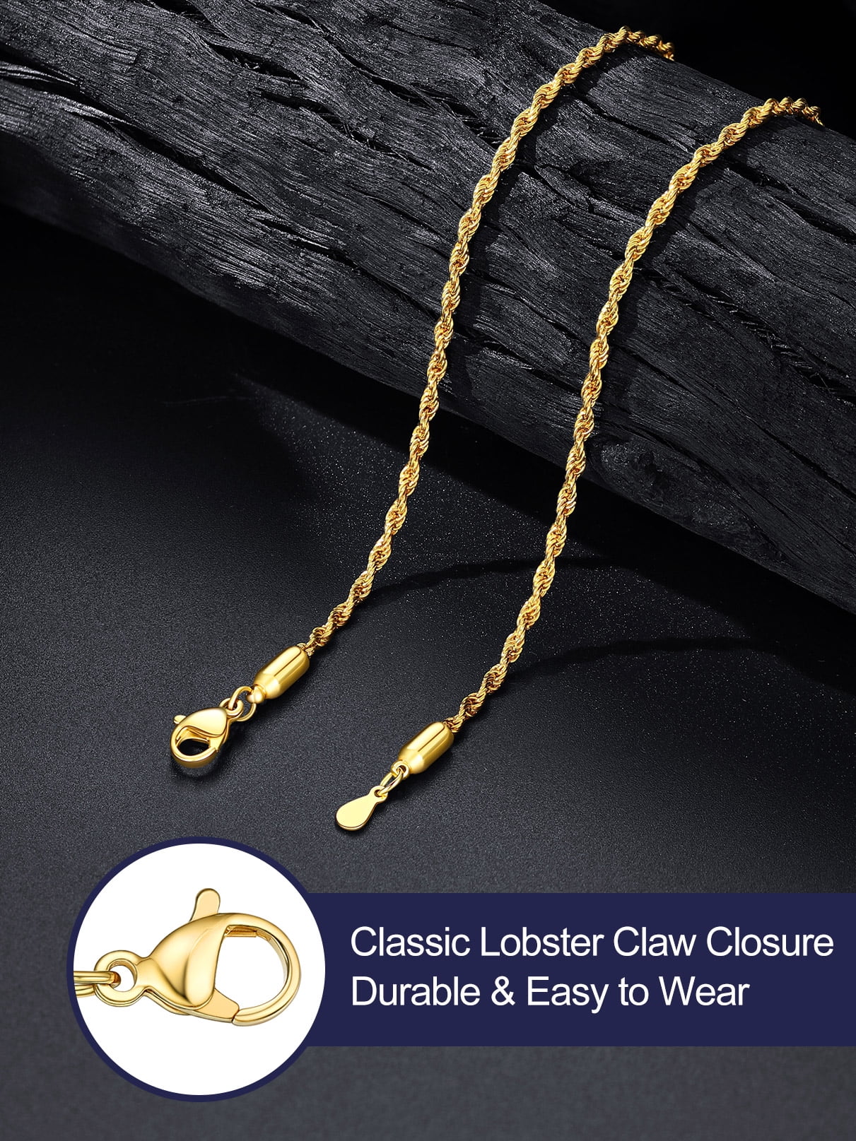 Bandmax 2MM 14K Gold Plated Thin Rope Choker Chain for Men Women 18 Inch Stainless Steel Twisted Chain Necklace for Birthday Valentines Gift
