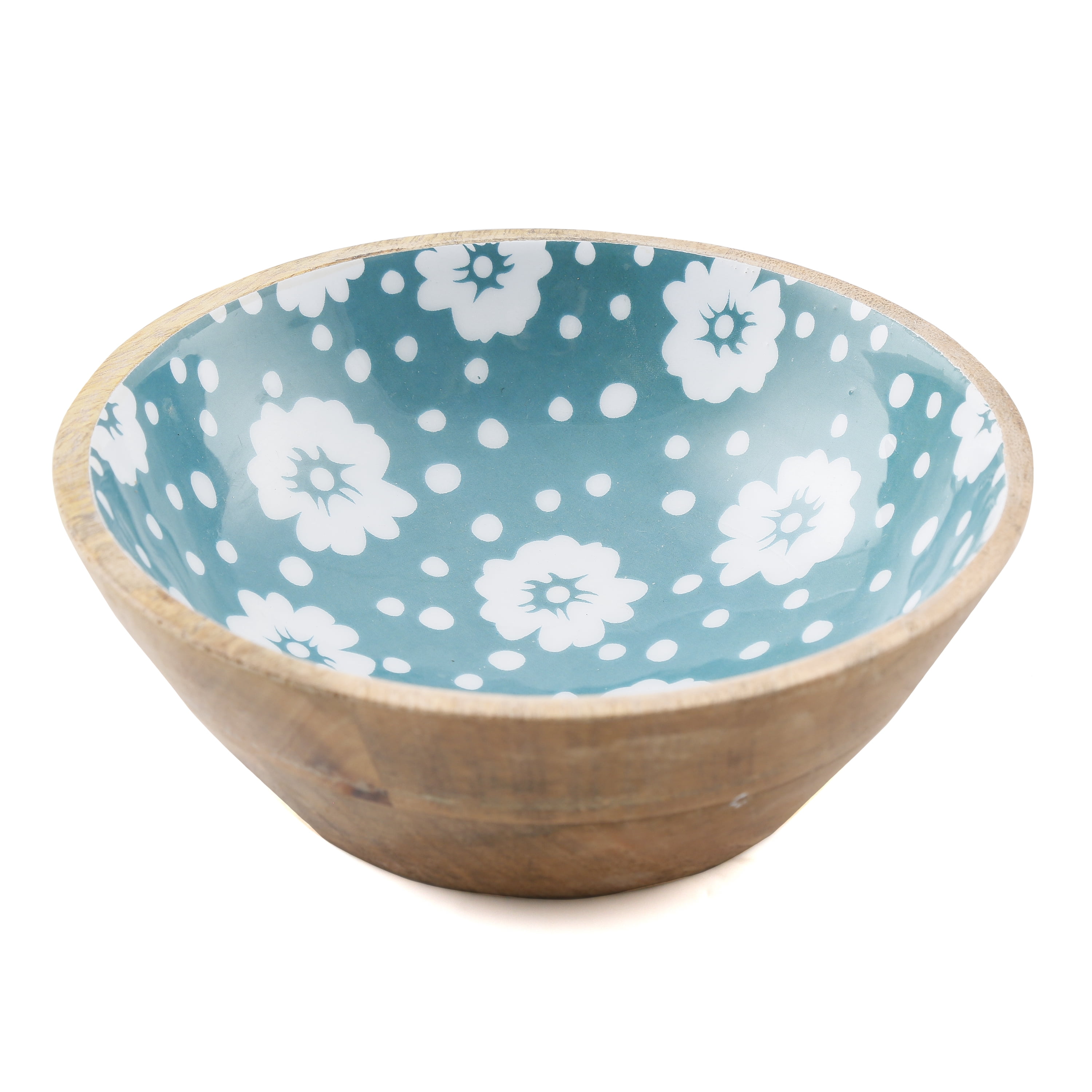 7” Teal Polka Dots Wood/Enamel Salad Bowl, set of 2