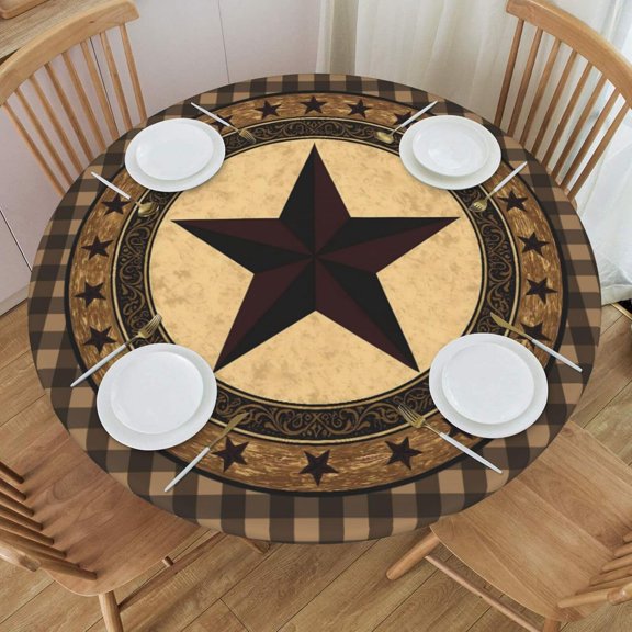 Western Texas Star Brown Wood Board Plaid Vintage Round Tablecloth Farmhouse Table Cover with Elastic Edge Washable Fitted Table Cloth for Kitchen Patry Outdoor Decor Fits 40"-44", Small