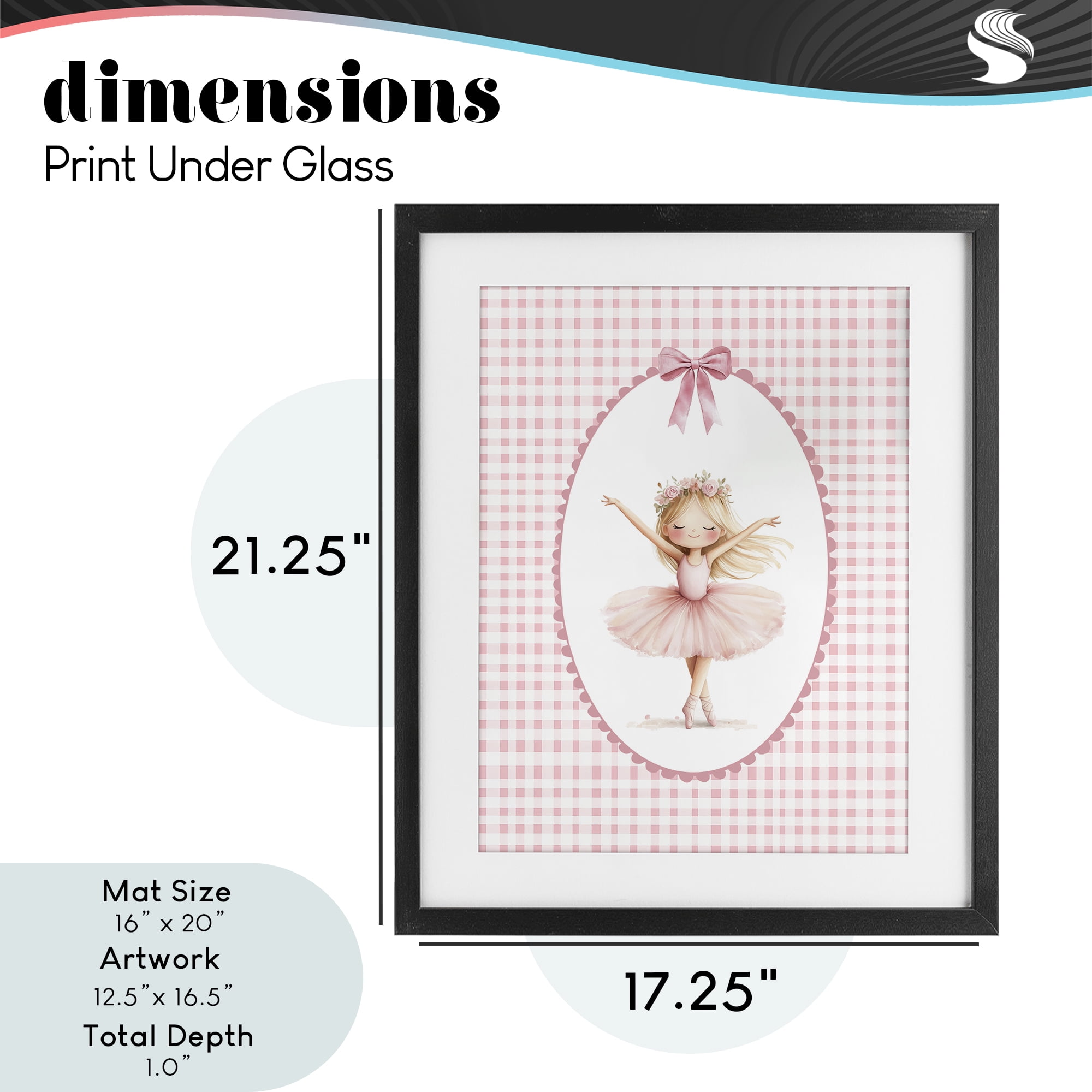 Ballerina on Pink Checkered Black Framed Print Under Glass, design by Christine Simpson Art