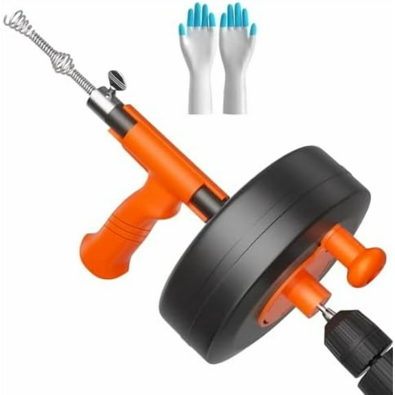 Drain Auger, Plumbing Snake With Drill Adapter, 35ft Heavy Duty Flexible Sink Steel Drum Auger and Drain unblocking Snake, Manual Or Powered With Work Gloves and Storage Bag-Not auto feed and back