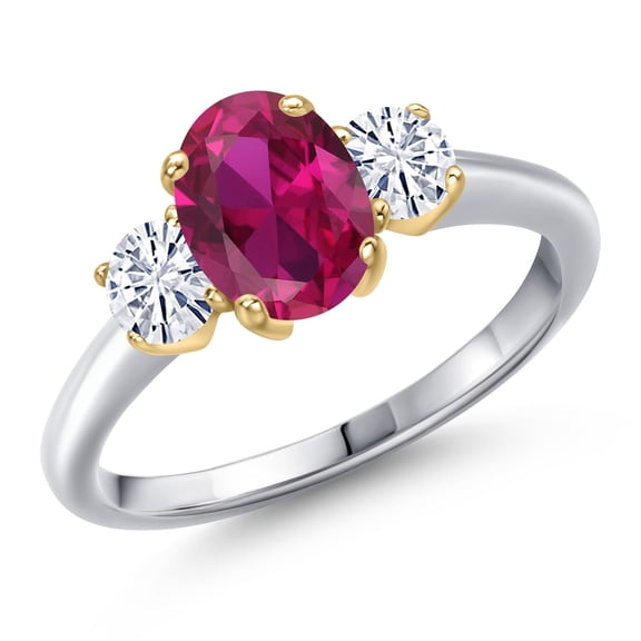 Gem Stone King 10K Two Tone Gold Red Created Ruby and White Moissanite Engagement Ring for Women | 1.81 Cttw | Oval 8X6MM | Gemstone July Birthstone | Size 5