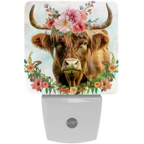 PhooArto Funny Highland Cow Flowers Garland Plug in LED Night Light Auto Sensor Dusk to Dawn Decorative Night for Bedroom, Bathroom, Kitchen, Hallway, Stairs, Baby's Room, Energy Saving