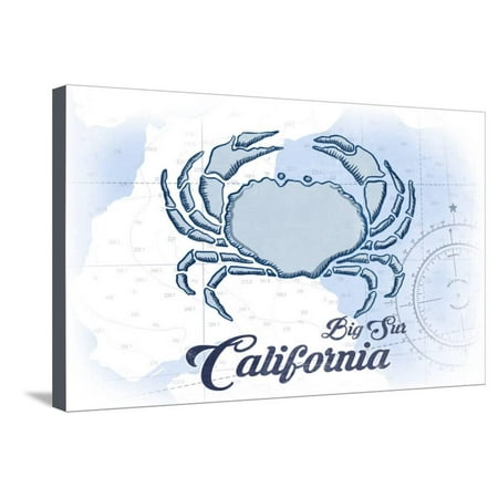 Big Sur, California - Crab - Blue - Coastal Icon Stretched Canvas Print Wall Art By Lantern
