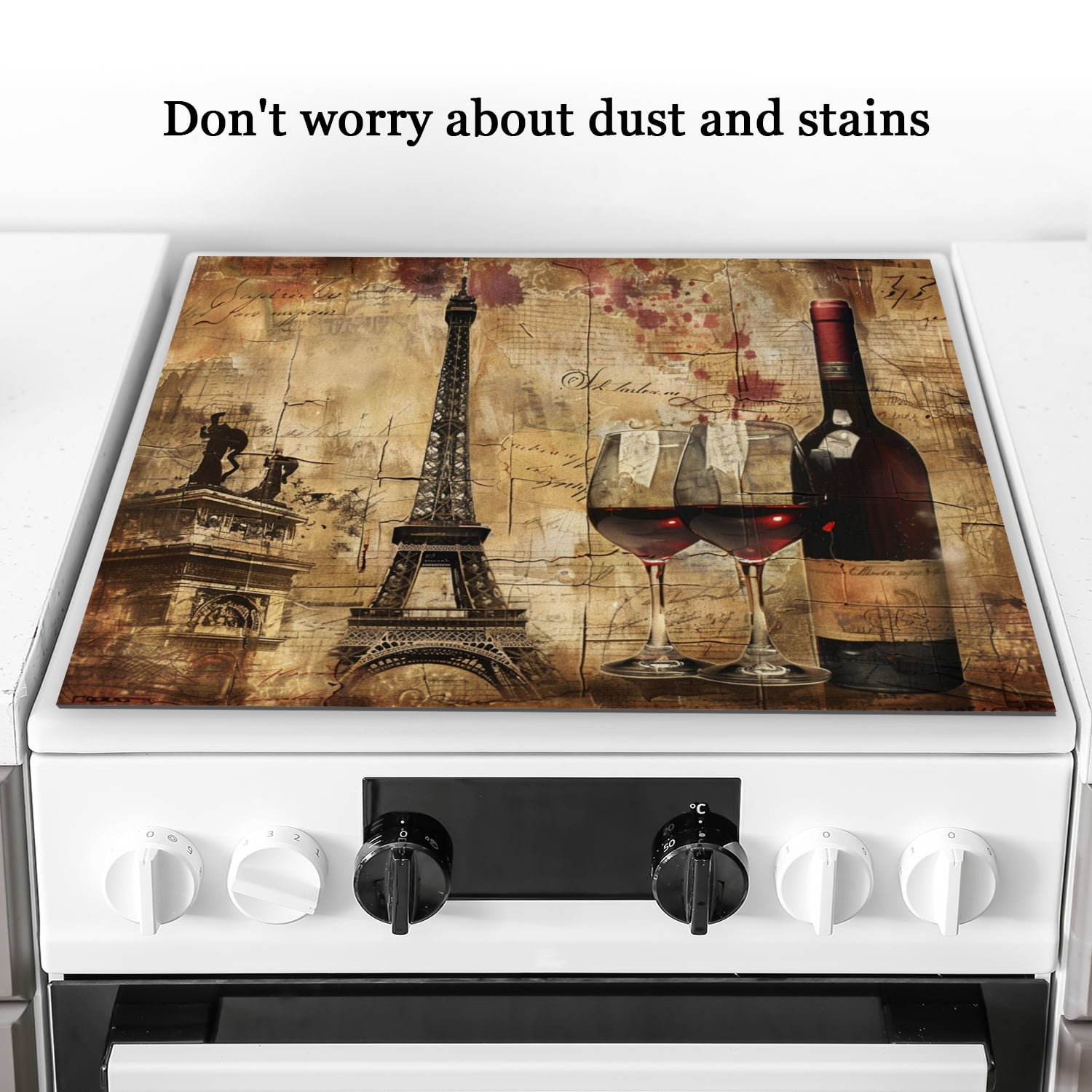Stove Cover For Gas Stove, Retro Eiffel Tower With Bottles Of Wine, Glass Induction Cooktop Protector Mat for Kitchen RV (28×20 Inch)