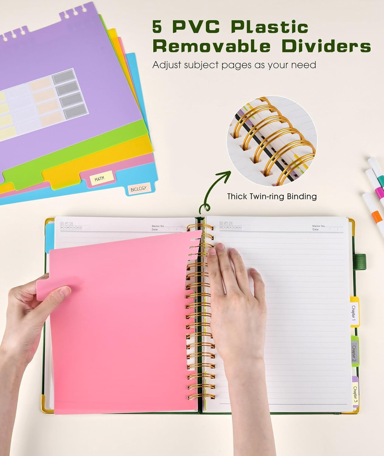 Hardcover Spiral Notebook - 300 Pages Leather 5 Subject Journal with Removable Dividers, 8"x10" for Work and Office (Green)