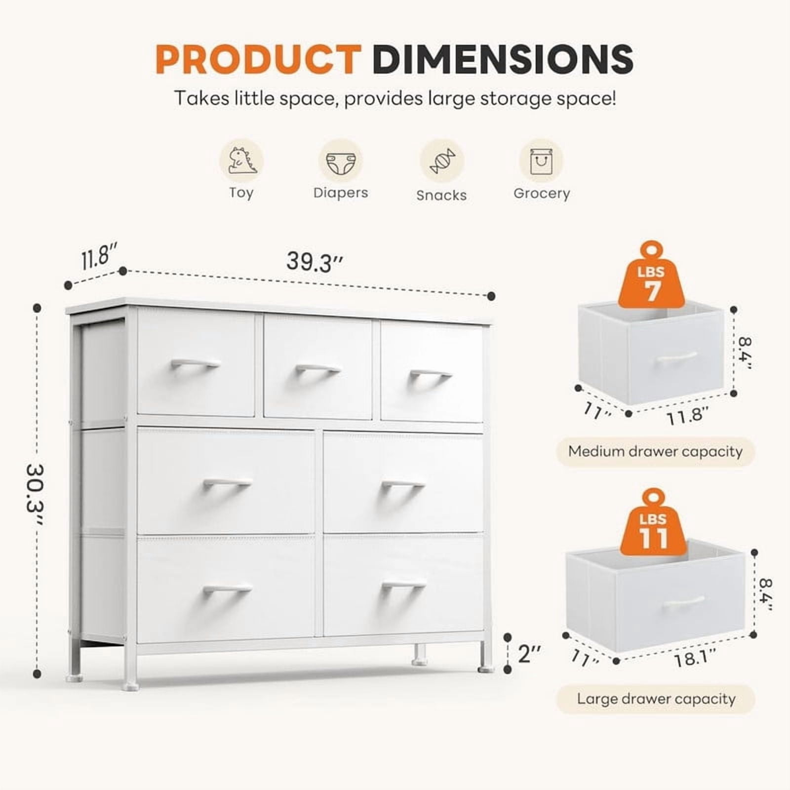 Kelno 7 Drawer Dresser Fabric Chest of Drawers Storage Organizer Wood Top Surface for TV, White