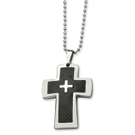 Stainless Steel Polished & Carbon Fiber Cross Pendant 22in Necklace.