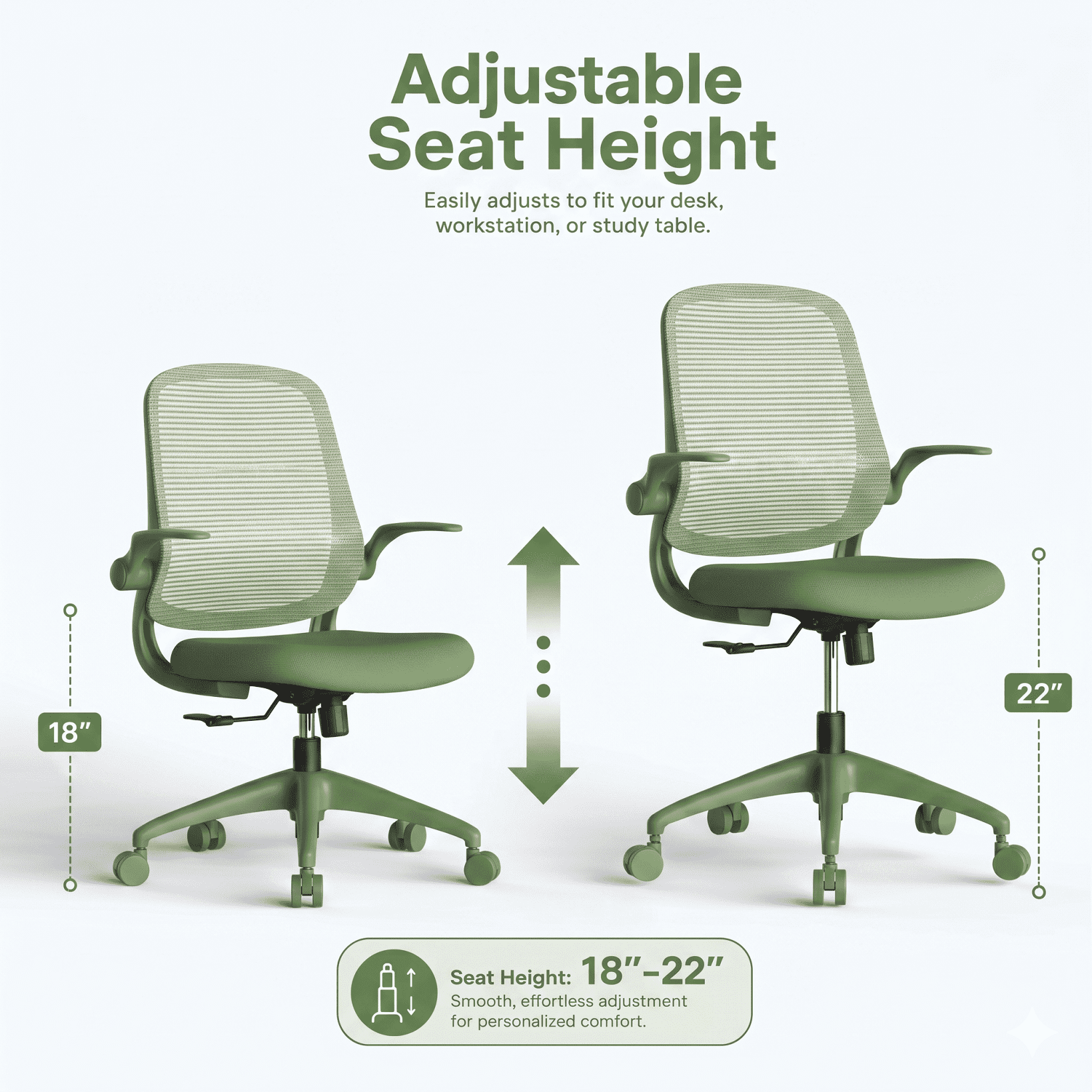 Homy Casa Green Mesh Office Chair with Flip-Up Arms, Ergonomic Swivel Desk Chair for Home Office