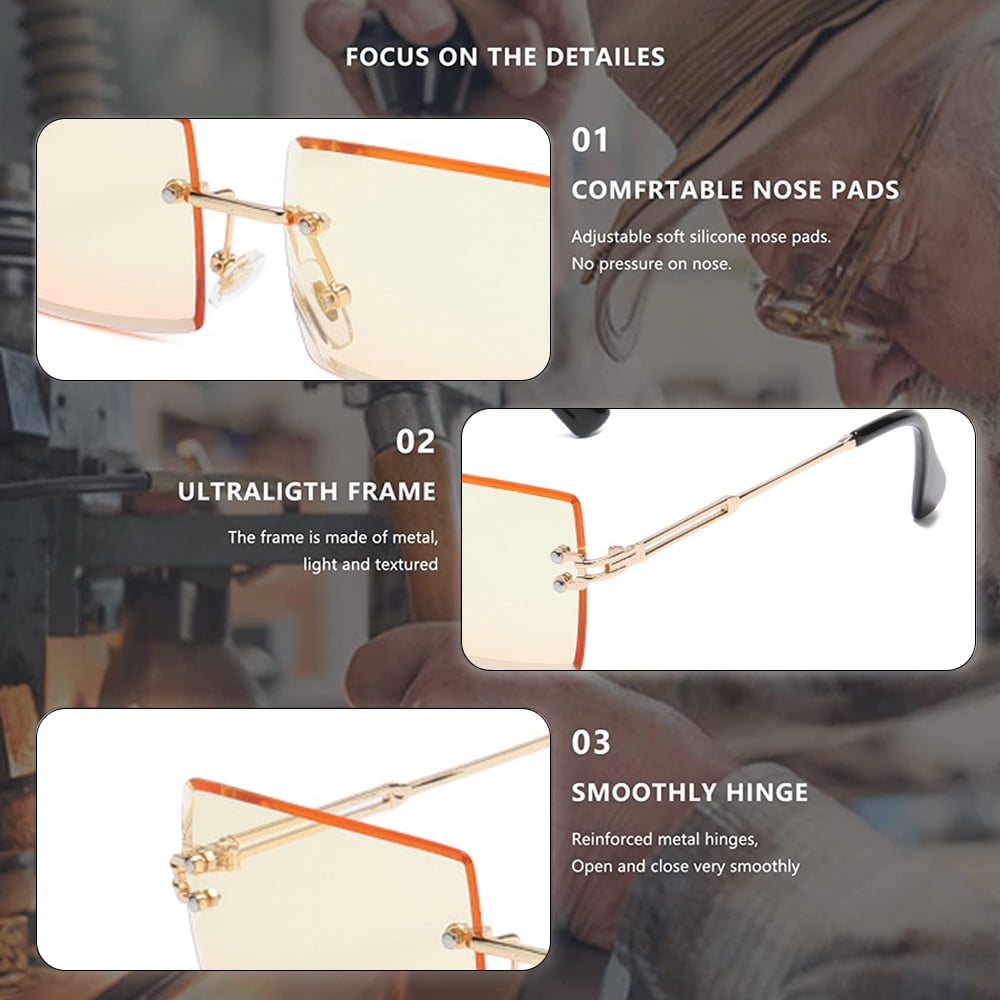 Unisex Rimless Sunglasses – Flat Black Lens Gold Metal Frame Retro Designer Style
