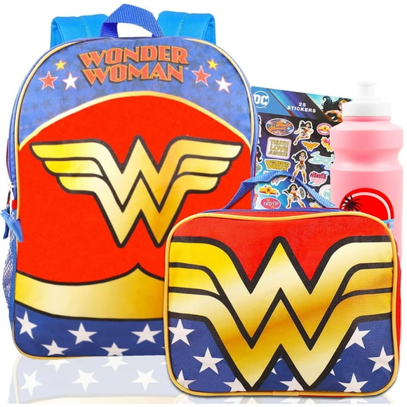 DC Shop Wonder Woman Backpack Lunch Box Set ~ 6-Pc Bundle With Premium 16" Wonder Woman School Bag, Lunch Bag, Water Bottle, Stickers, and More (Wonder Woman School Supplies)