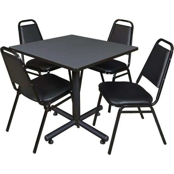 HomeStock Island Interiors 42" Square Breakroom Table- Grey & 4 Restaurant Stack Chairs- Black, Ideal for Cafeterias, Dining, and Office Spaces