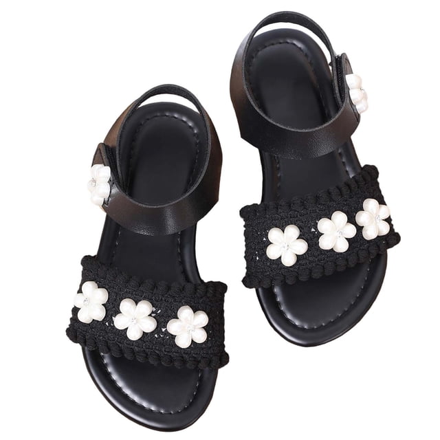 Xfvqtps Kids Girls Princess Sandals Open Toe Knit Upper Flower Hook and Loop Soft Sole Flats Summer Shoes