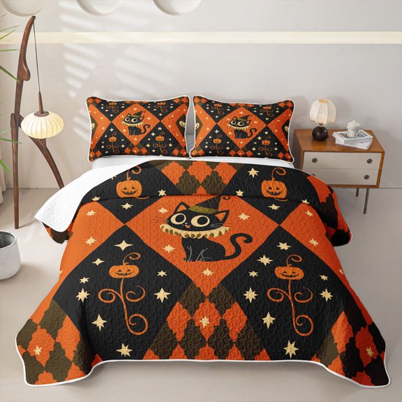 Feelyou Kawaii Black Cat Twin Quilt Set, Halloween Diamond Pumpkin Twin Coverlet Set, Orange Black, 2 Pieces, 1 Comforter and 1 Pillowcase