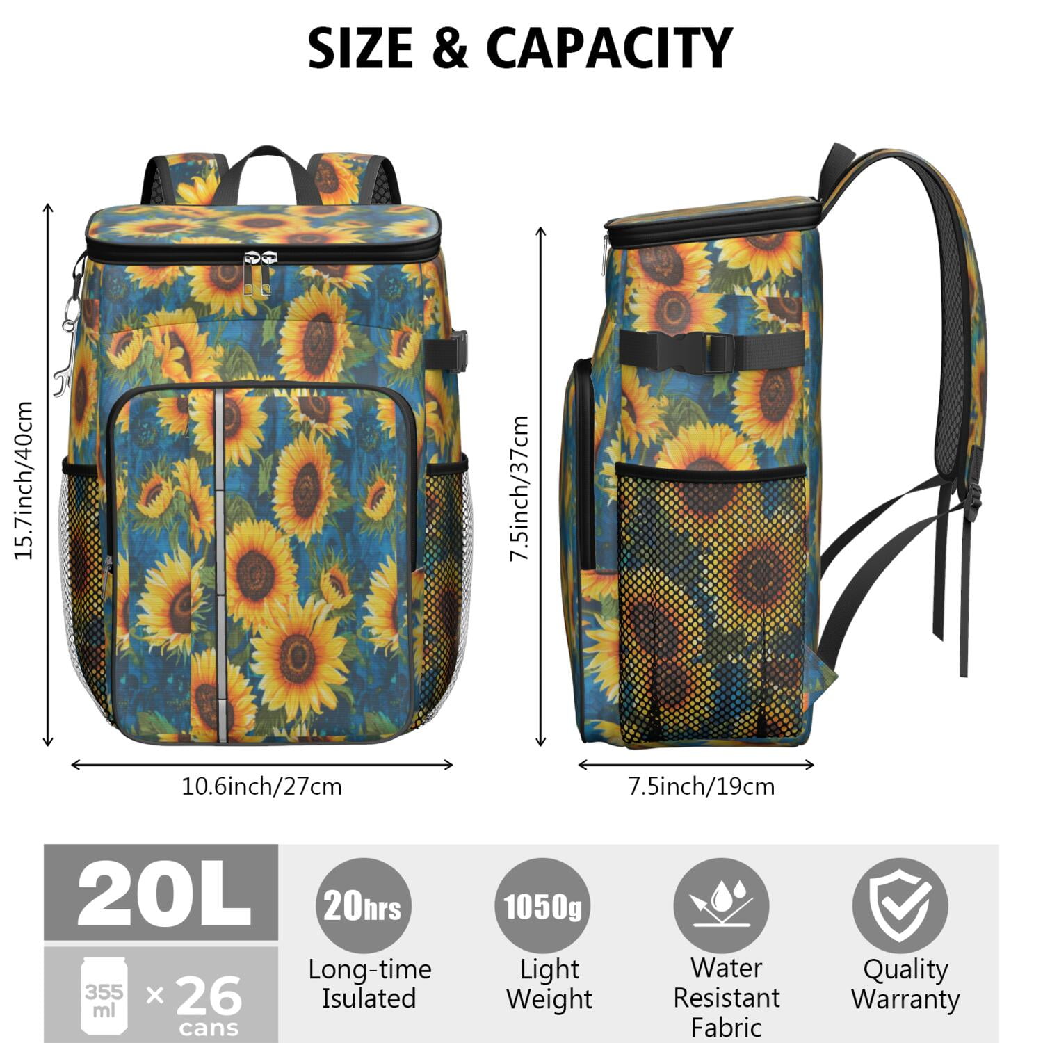 Travel Cooler Bag - Sunflower Camping Beer Cooler Backpack with Bottle Opener- Waterproof Insulated Picnic Backpacks - Cooler Bag for Beach