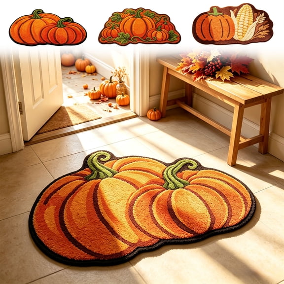Hyknon Fall Thanksgiving Pumpkin Rug, Cute Soft Plushes Thick Waterproof Bathroom Mat, Non-Slip Harvest Decor Floor Mat, Entryway Door Mat for Home Indoor Outdoor Bedroom Kitchen Decor 27.6"×17.7"