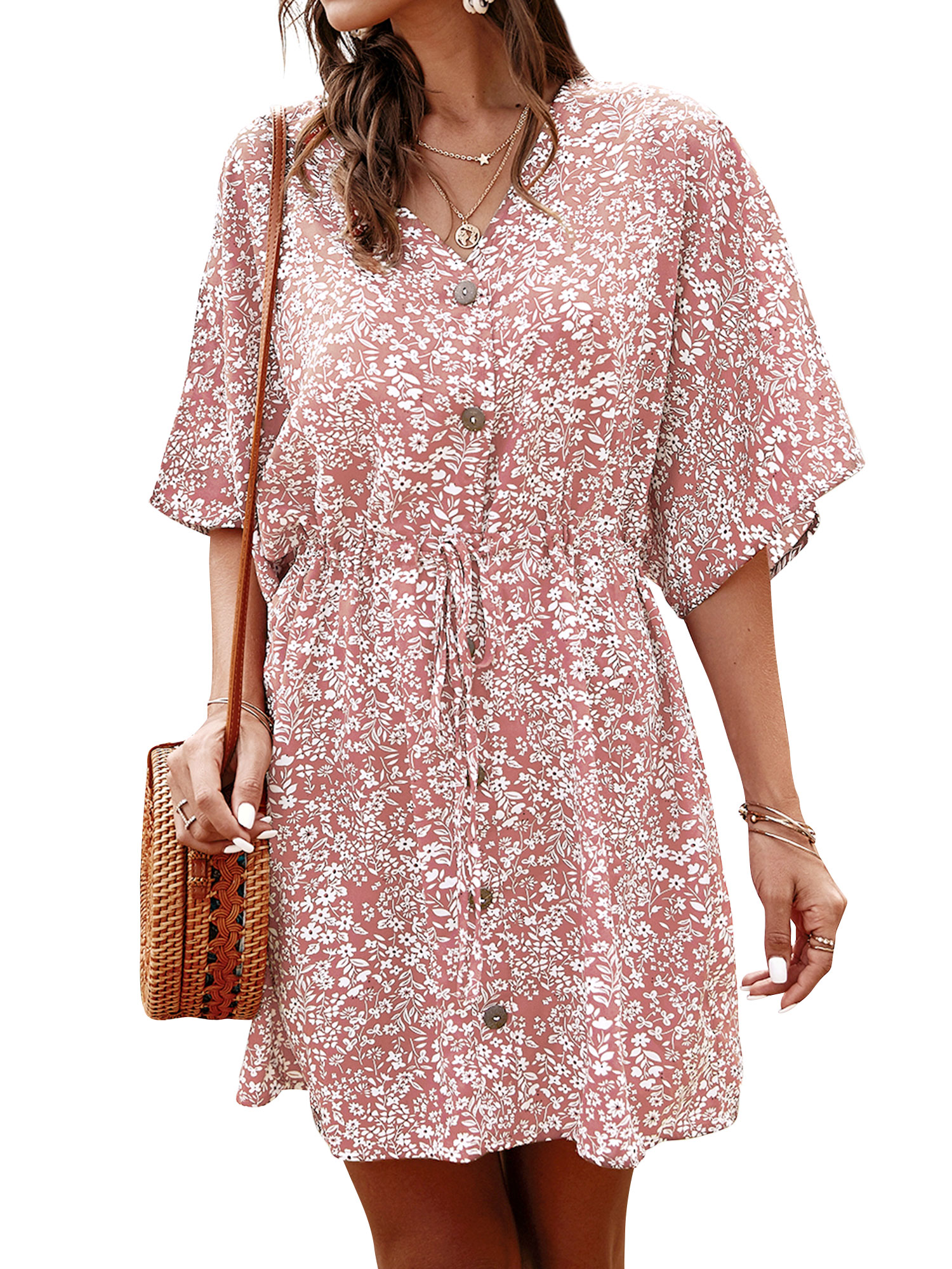 ZXZY Women Floral Printed Buttons Tie Waist Short Sleeves Mini Dress - image 4 of 12