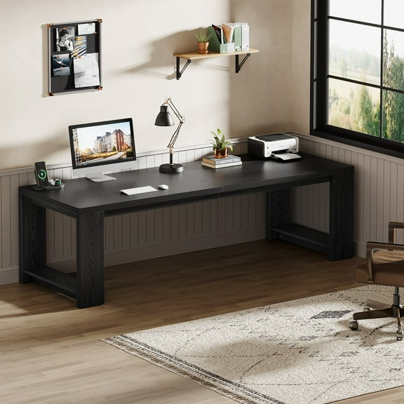 Finmind Farmhouse Computer Desk, 86.6 Inch Extra Long Desk for 2 Person, Rectangular Computer Desk for Home, Office, Living Room, Oak