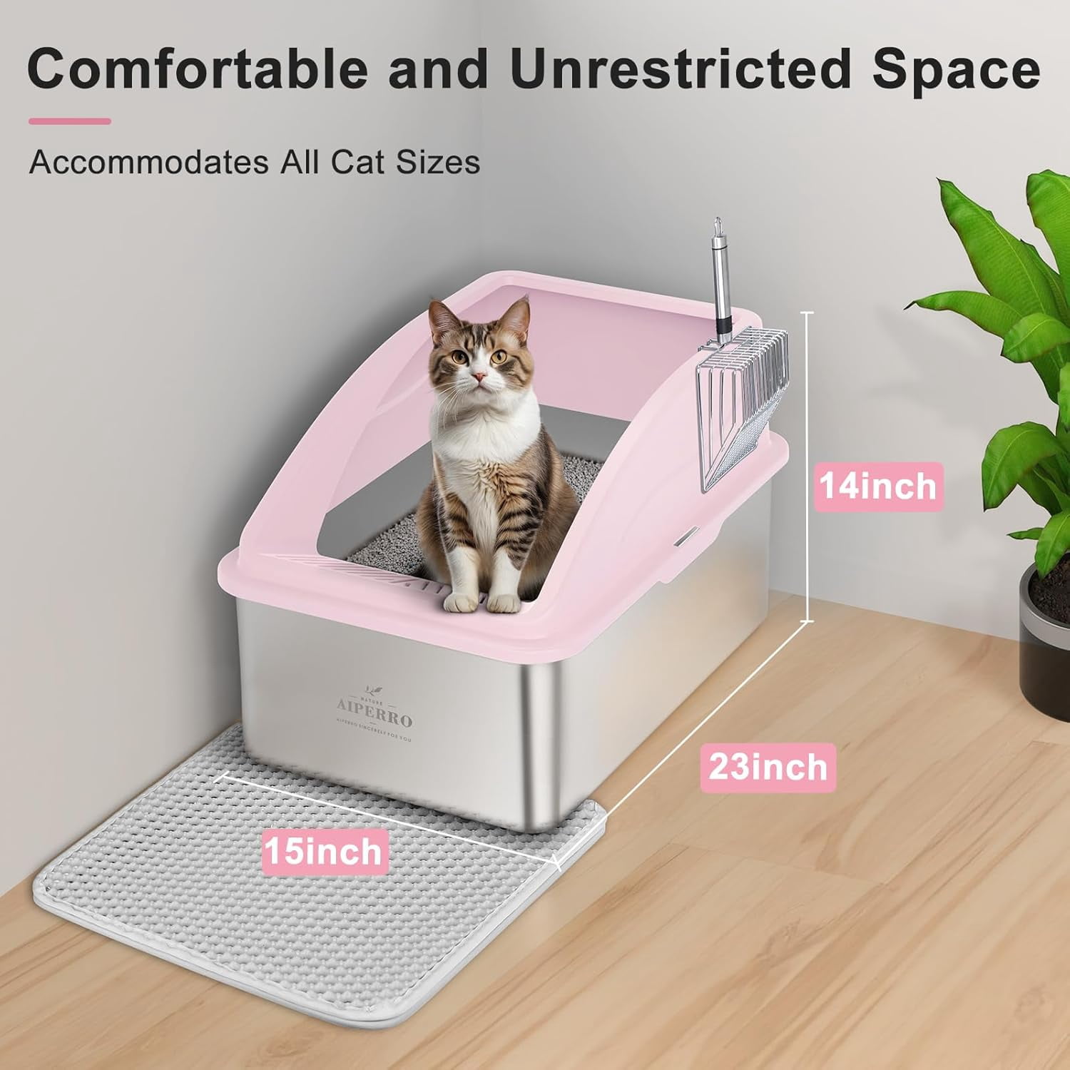 High Sided, Anti-Urine Leakage Stainless Steel Litter Box, XL Enclosed Cat Litter Boxes with Lid for Big Cats, Non-Stick Bottom, Includes Litter Mat & Metal Scoop