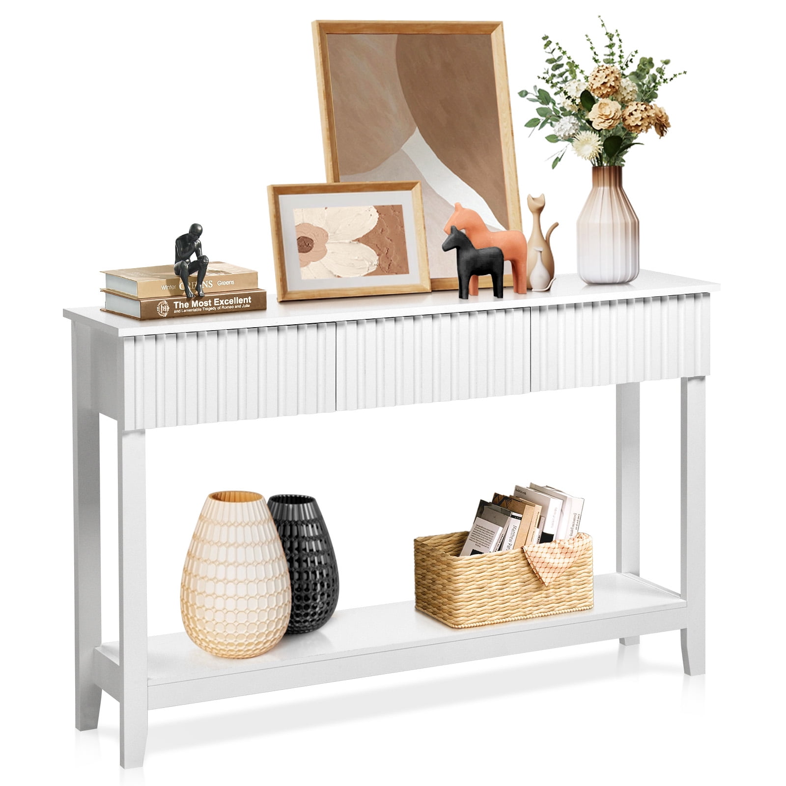 51in Modern Console Table with 3 Drawers Lower Shelf, Narrow Entryway Table Long Sofa Table Hallway Foyer Table Behind Couch Table White