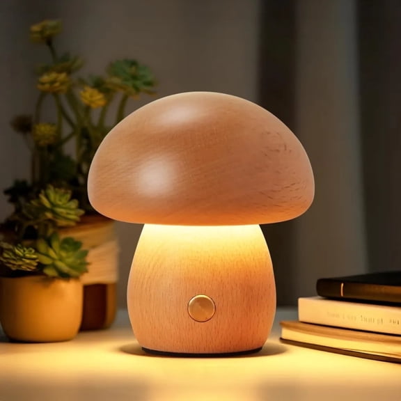Wadan 2-Pack Rechargeable Wooden Mushroom Lamp – Portable, Dimmable Night Light & Unique Gift