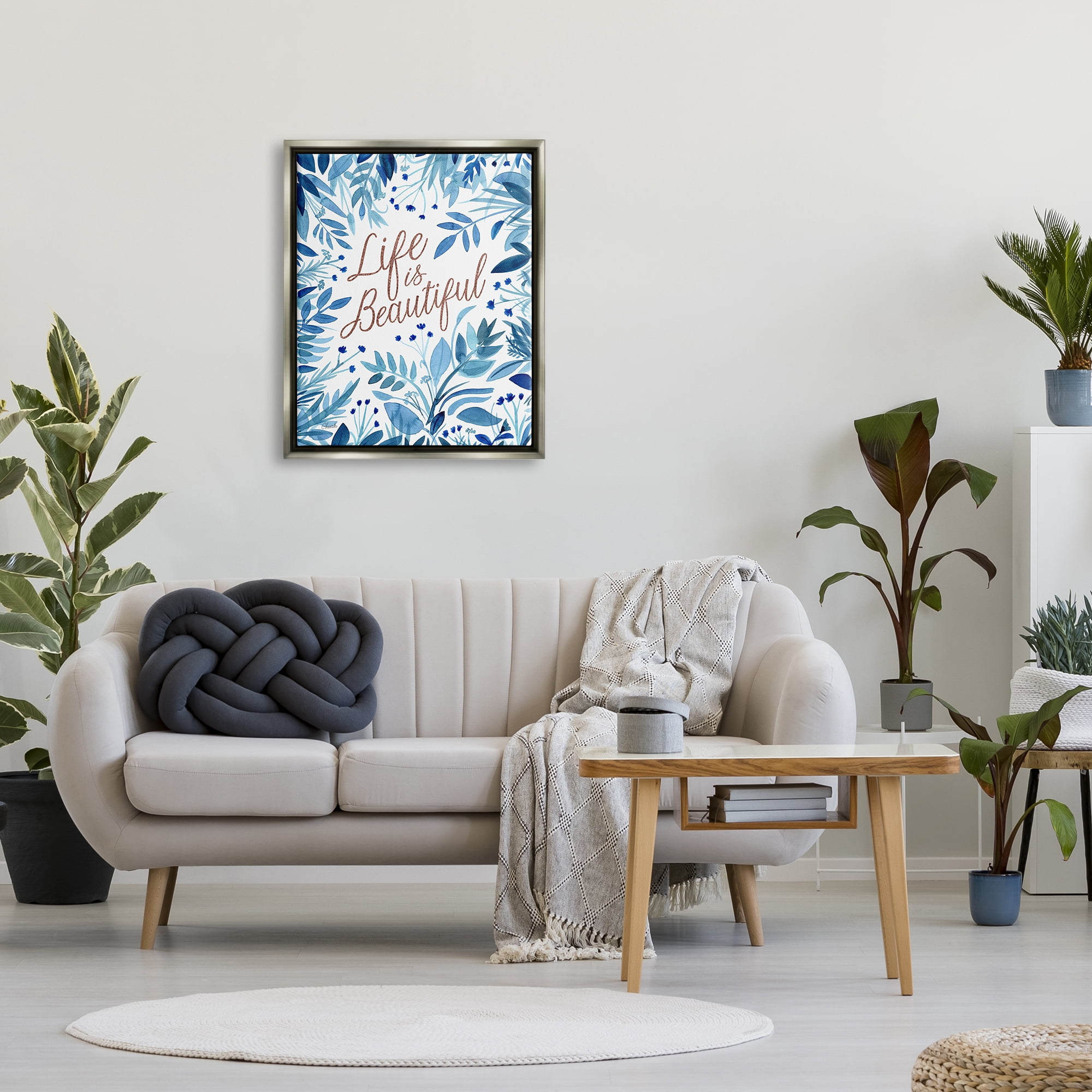 Stupell Life Is Beautiful Blue Wildflowers Botanical & Floral Painting Gray Floater Framed Art Print Wall Art