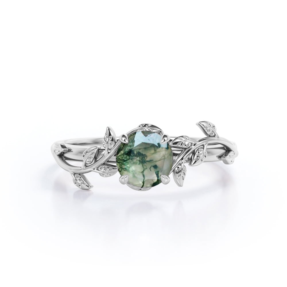 JeenMata Solitaire Bohemian Style 0.50 Carat Round Shape Milky Druzy Moss Green Agate Engagement Ring in 18K White Gold Plating over Silver