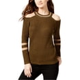 thumbnail image 4 of I-N-C Womens Metallic Striped Cold Shoulder Pullover Sweater, Green, Large, 4 of 5