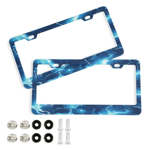 2-Pack Aluminum License Plate Frame with 2 Holes for GM License Plate Cover with Free Screws Blue Lightning