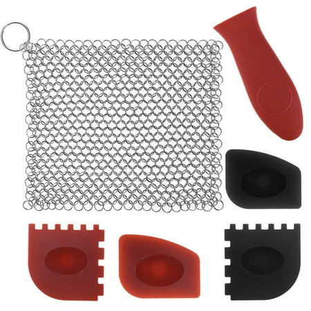 Carbon Handle Scraper Set - Cast Iron Scraper Cleaner Set 6 in 1 Stainless Steel Cast Iron Cleaning Kit Pan Scraper Plastic Set Tool and Silicone Hot Handle Holder for Kitchen