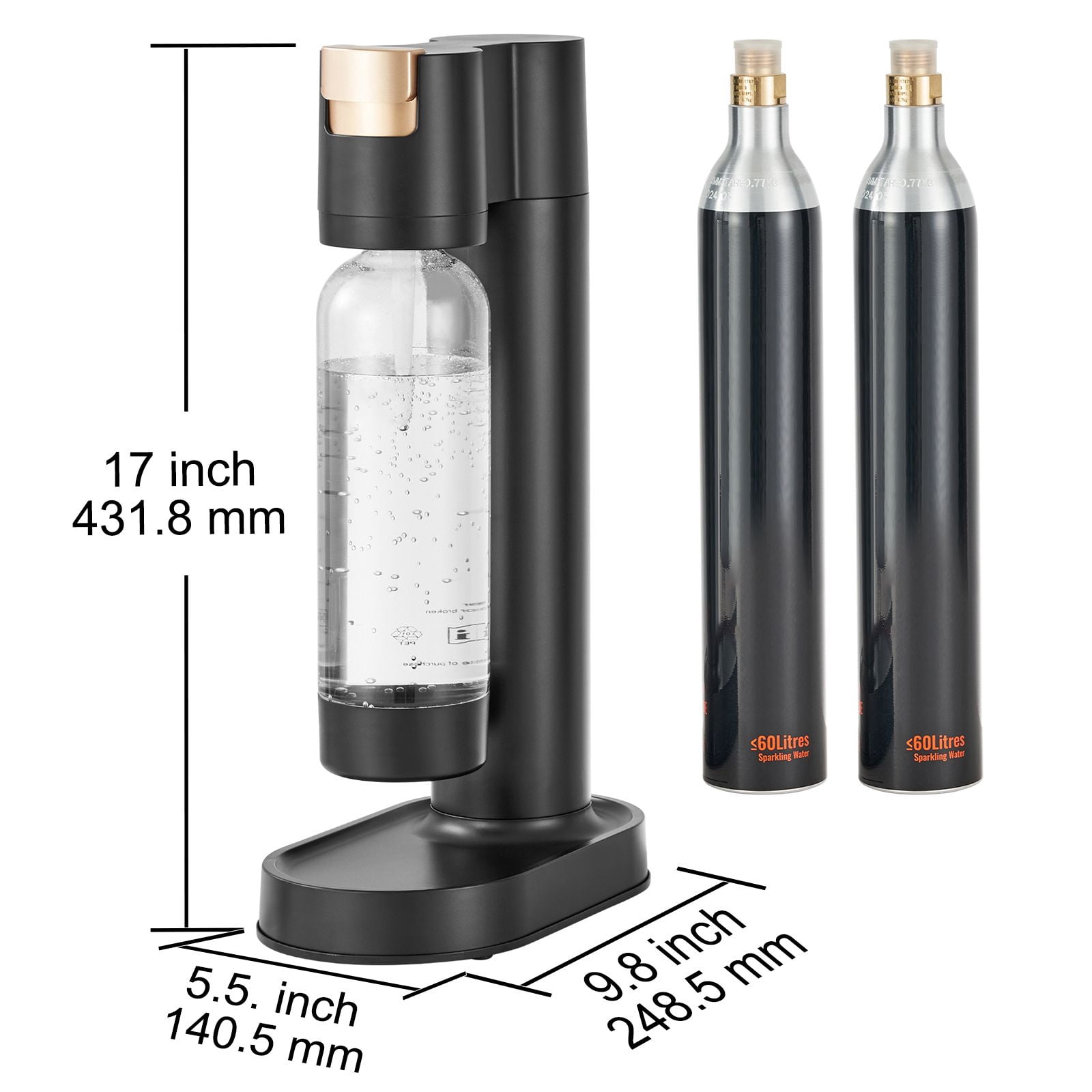 Sparkling Water Maker with 2 x 60L CO2 Cylinders, 1L PET Bottle, 3-Second Carbonation, Automatic Pressure Release for Home Soda Drinks