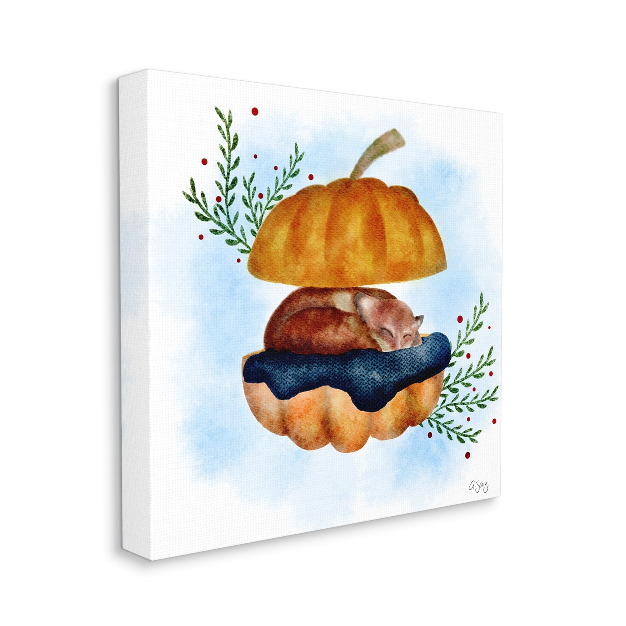 Red Fox Slumbering Autumn Pumpkin Botanical Leaves Botanical & Floral Painting Gallery-Wrapped Canvas Print Wall Art