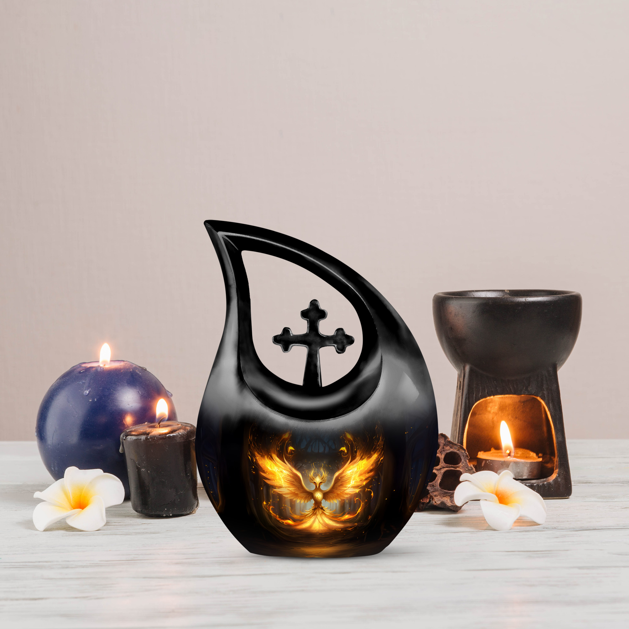 MUKTIVE Phoenix Design Urn for Ashes, Tear Drop Urns for Human Ashes, Cremation Urns for Women, Memorial Black Urn for Teenager (1 Large, 4 Keepsake)