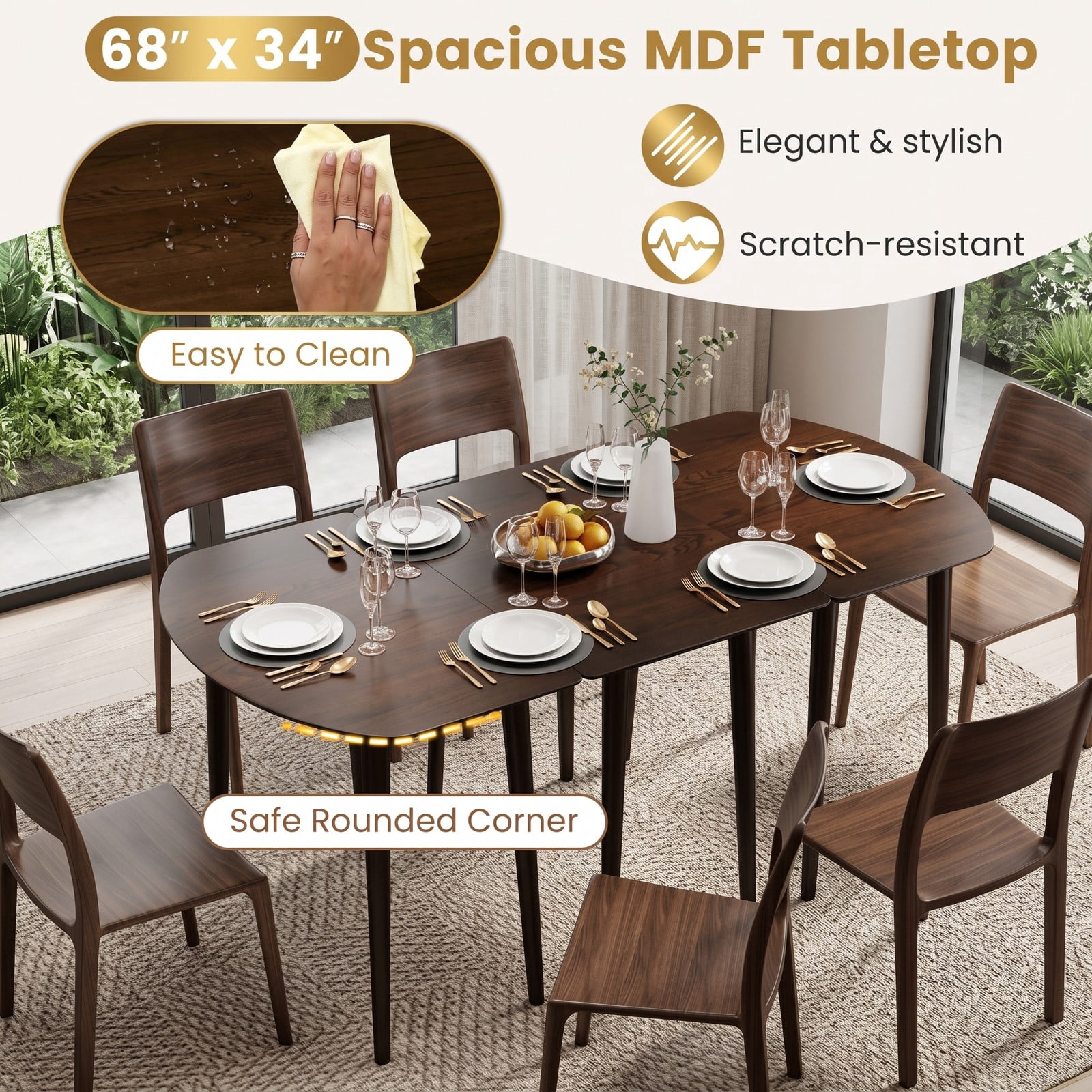 Furnibear Extendable Oval Dining Table Set with 2 Half-Round Tables, Seats 4-6, MDF and Rubber Wood Kitchen Dining Room Farmhouse Table for Small Spaces, Walnut