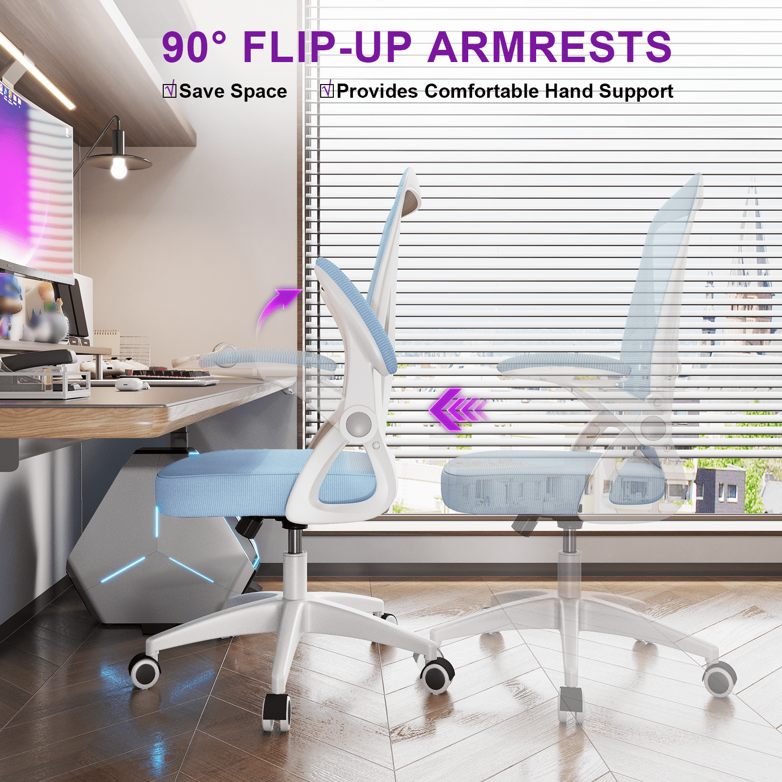 Biggzia Ergonomic Office Chair, Mid-Back Computer Chair with Adjustable Height, Flip-Up Arms and Lumbar Support, Mesh Desk Chair, Blue